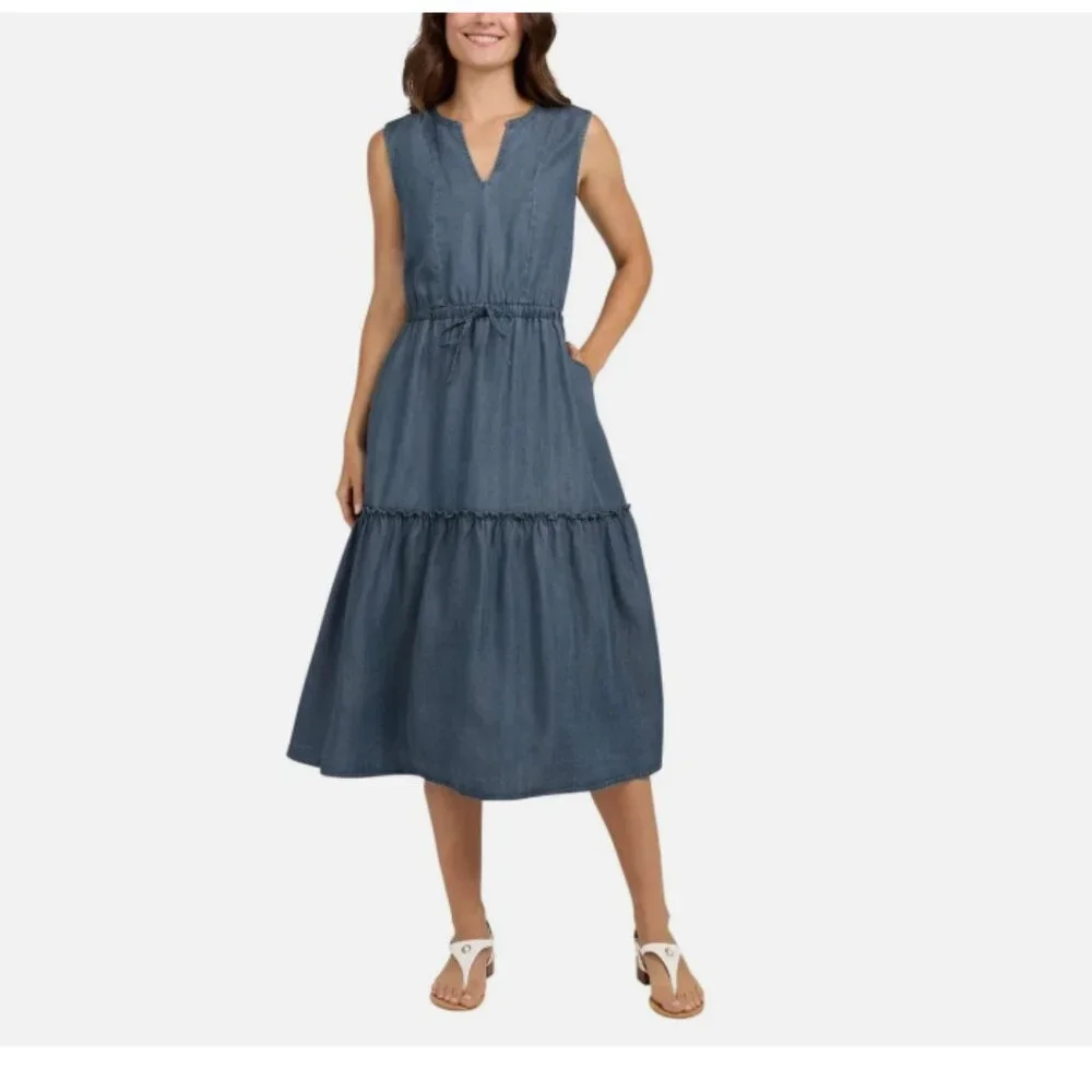 Lands' End Ladies' Tiered Midi Dress, Blue Denim - Picture 1 of 4